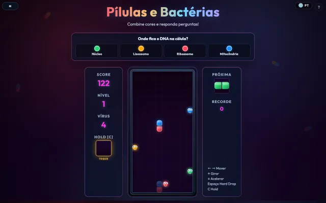 Partida de Pílulas e Bactérias: encaixando cápsulas coloridas com pergunta no topo